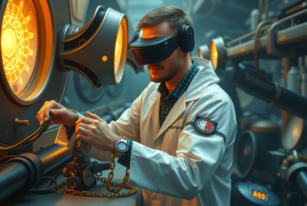 Man using VR headset in steampunk-themed industrial environment.
