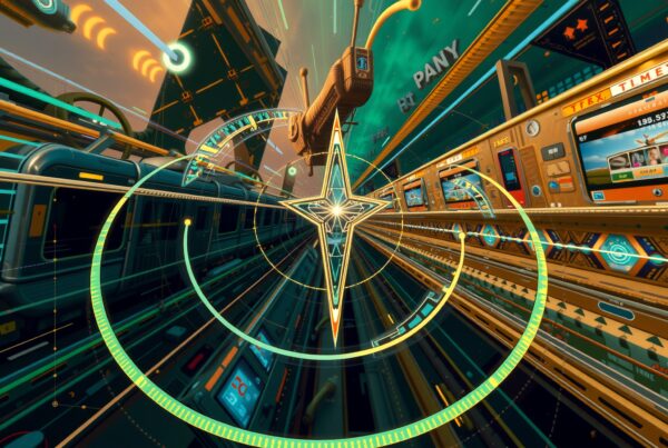 Vibrant futuristic train station with glowing geometry.