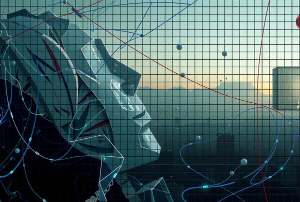 Abstract digital landscape with geometric face, celestial background, and dynamic data lines conveying futuristic technology concepts.