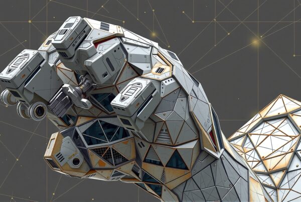 A detailed and futuristic robotic fist with geometric panels and a high-tech background.