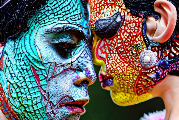 Two individuals with vivid reptilian face paint.