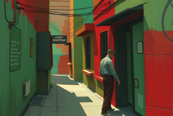 A man entering a vibrant alley with colorful walls and overhead cables.