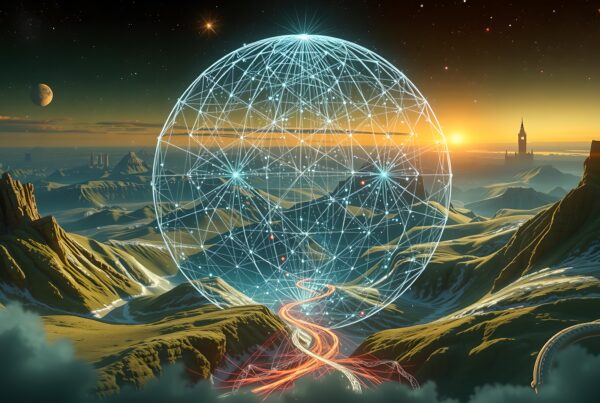 A glowing geometric dome on an otherworldly landscape under a starry sky.