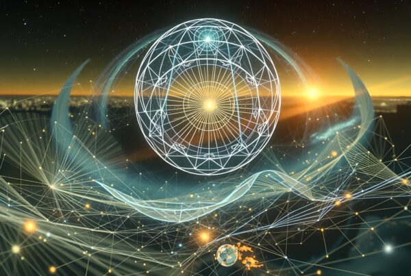 A glowing geometric sphere in an abstract digital landscape with interconnected networks.