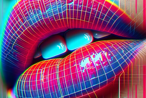 Bright neon digital lips image with colorful, futuristic grid overlay.