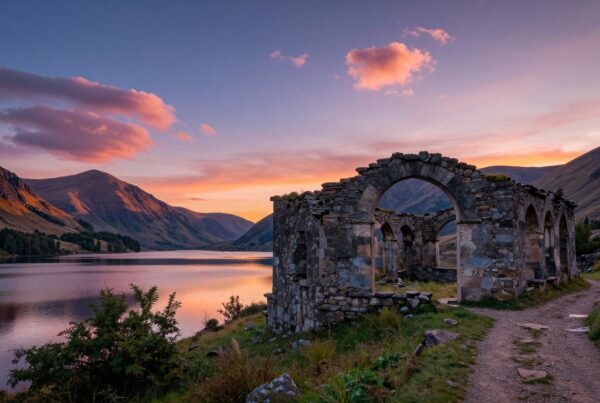 A picturesque sunset with ruins and lake reflecting light against mountain backdrop.