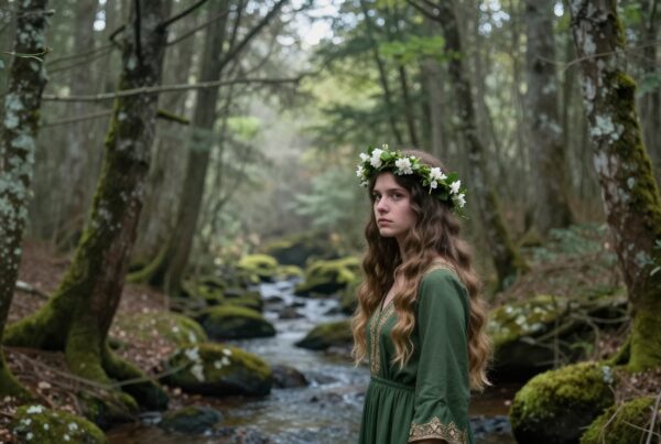 A young woman in a green gown and flower crown stands by a stream in a lush forest.