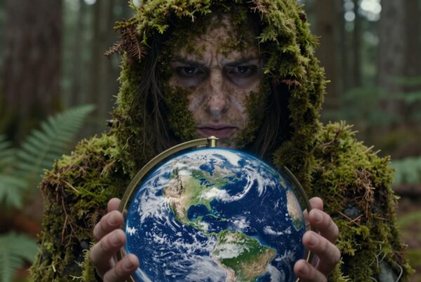 A person covered in moss intently holds a globe in a forest.