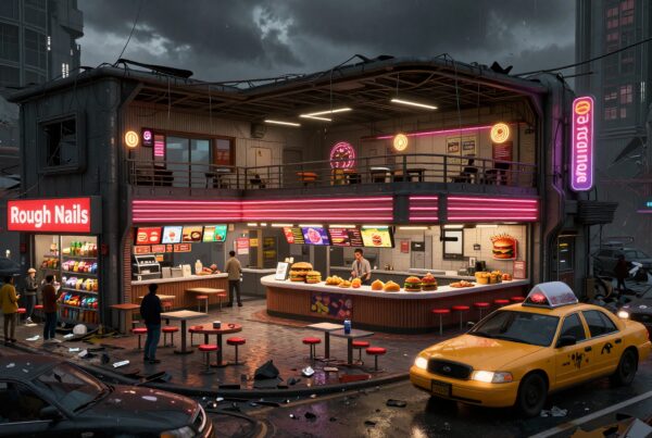 A vibrant neon-lit diner on a rainy city street.