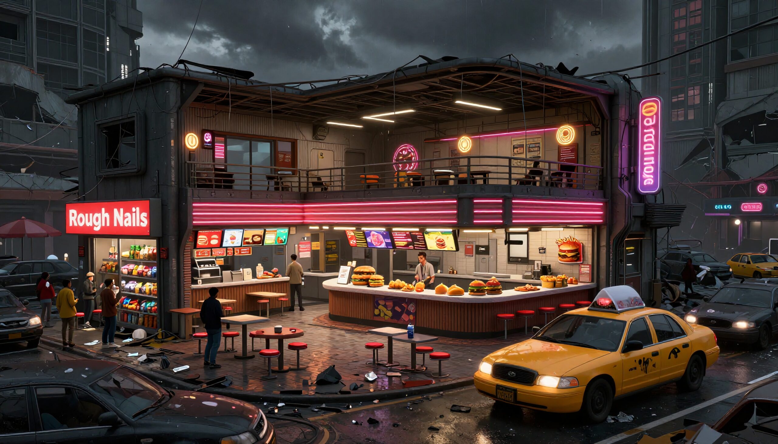 Neon-lit Urban Diner Evening Scene