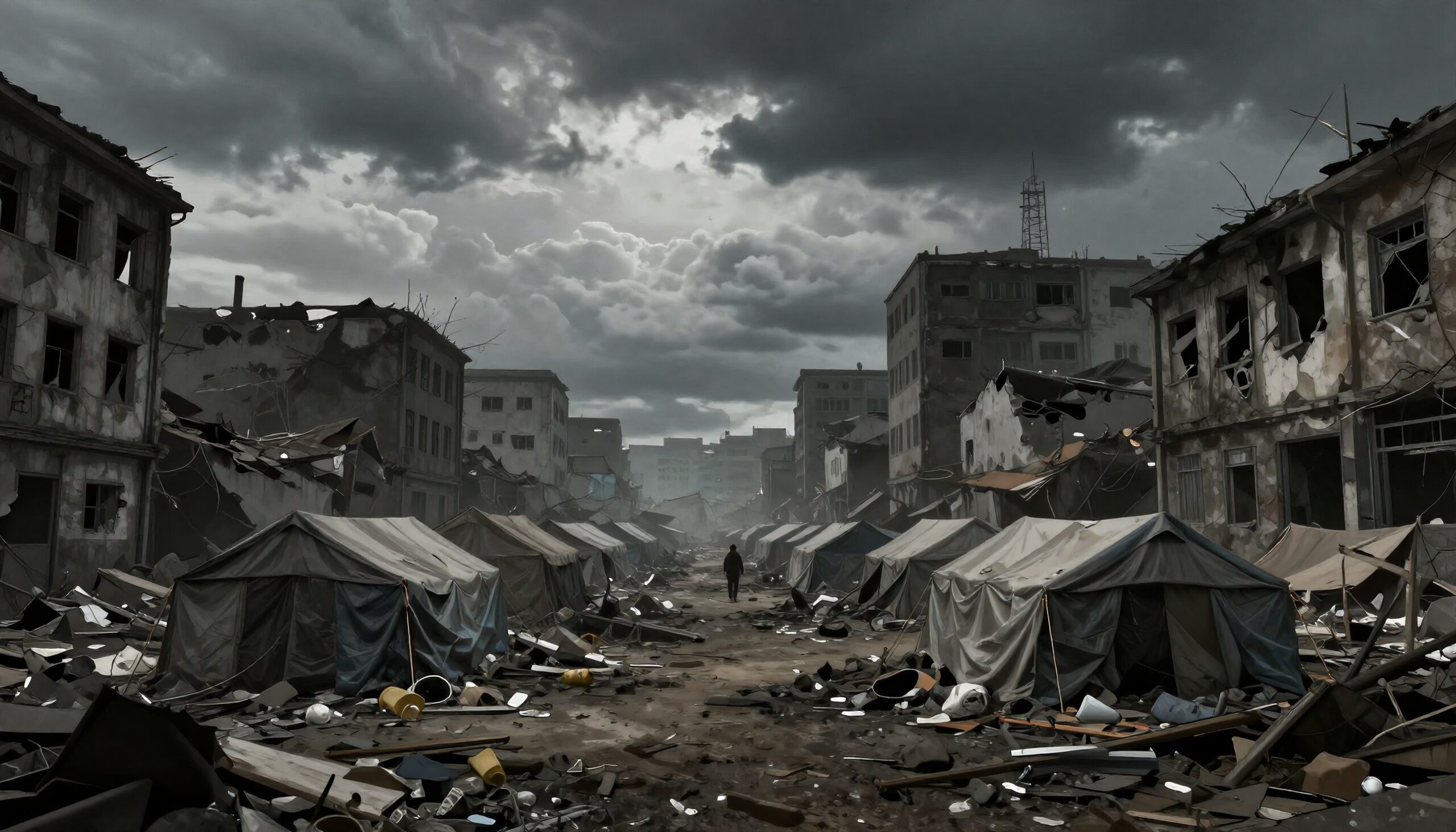 Abandoned City with Tents and Rubble