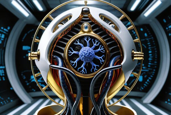 A futuristic device with metallic and gold components featuring a central glowing blue sphere.