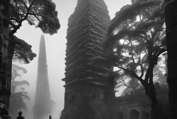 Mysterious Misty Towers in an Ancient Forest