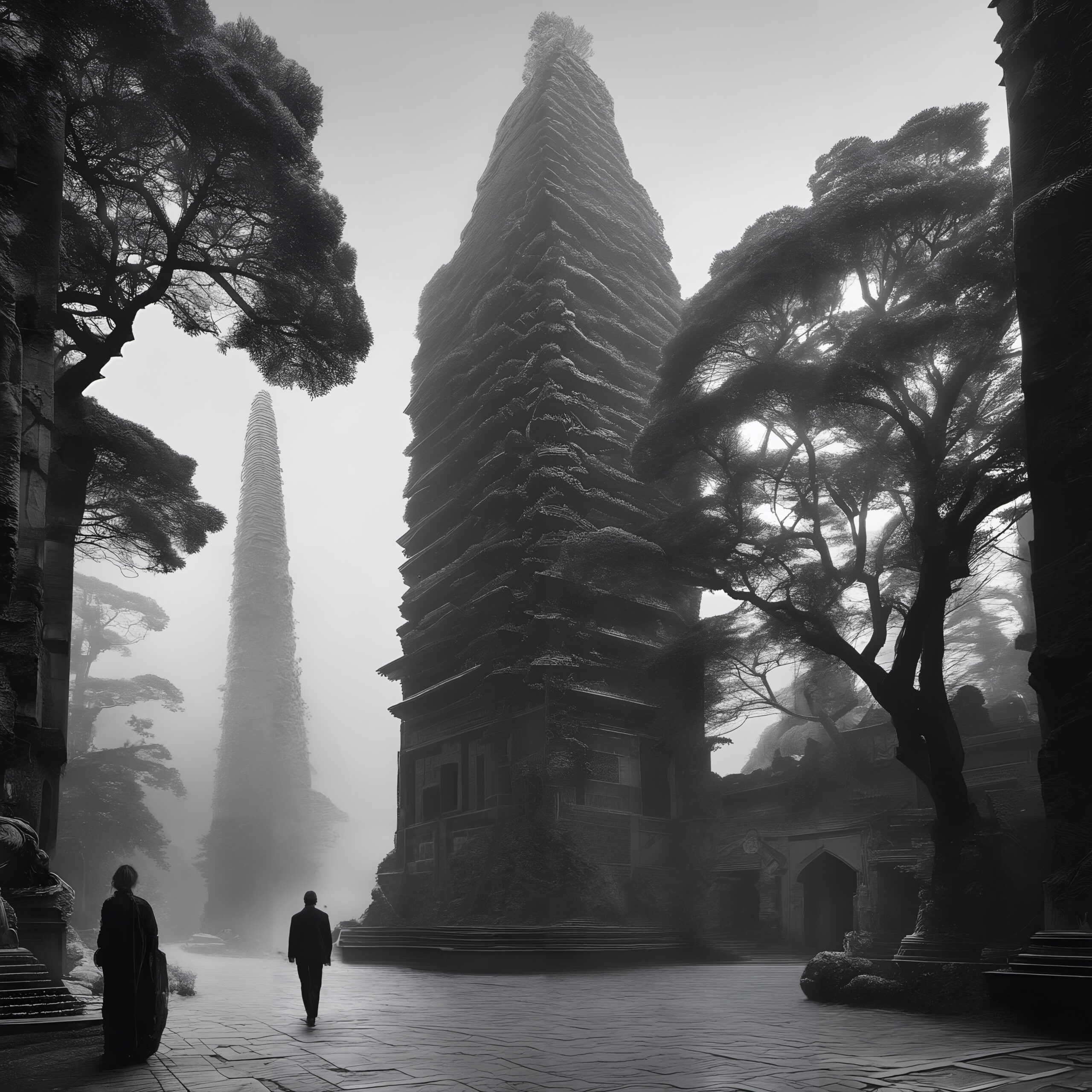 Mysterious Misty Towers in an Ancient Forest