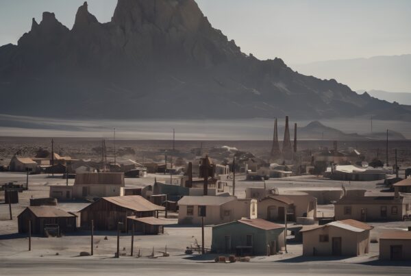 A small desert town under a rugged mountain range at dawn.