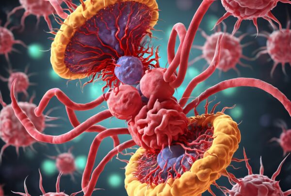 Microscopic view of vibrant biological structures showcasing detailed red and orange organisms interacting.