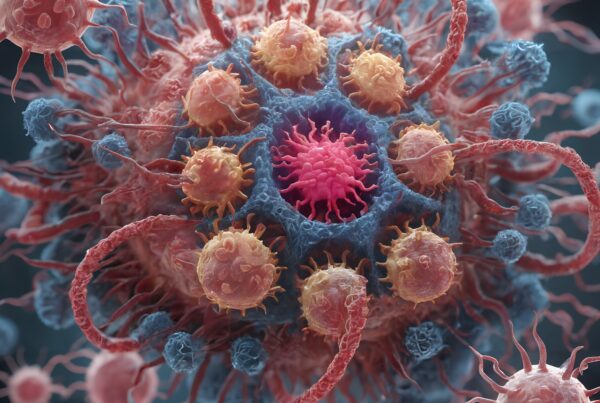 Colorful microscopic virus illustration with detailed textures and vibrant colors.