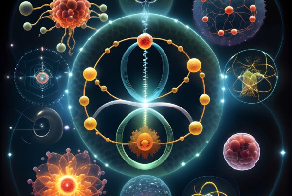 Vibrant abstract illustration of molecular structures on dark background.