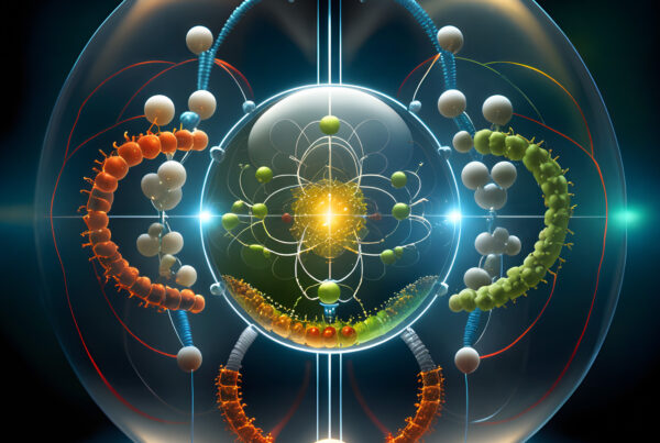 A close up digital illustration of an abstract quantum design.