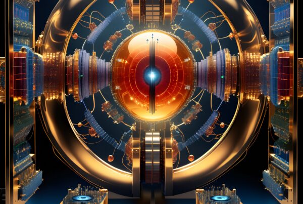 Futuristic circular tech design with glowing orb and mechanical details.