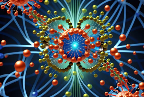Abstract visualization of a colorful molecular structure with interconnected particles and vibrant dynamics.
