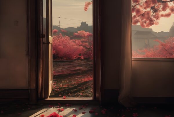 An open door reveals cherry blossoms and scattered petals under soft, warm sunlight, creating a serene and inviting scene.