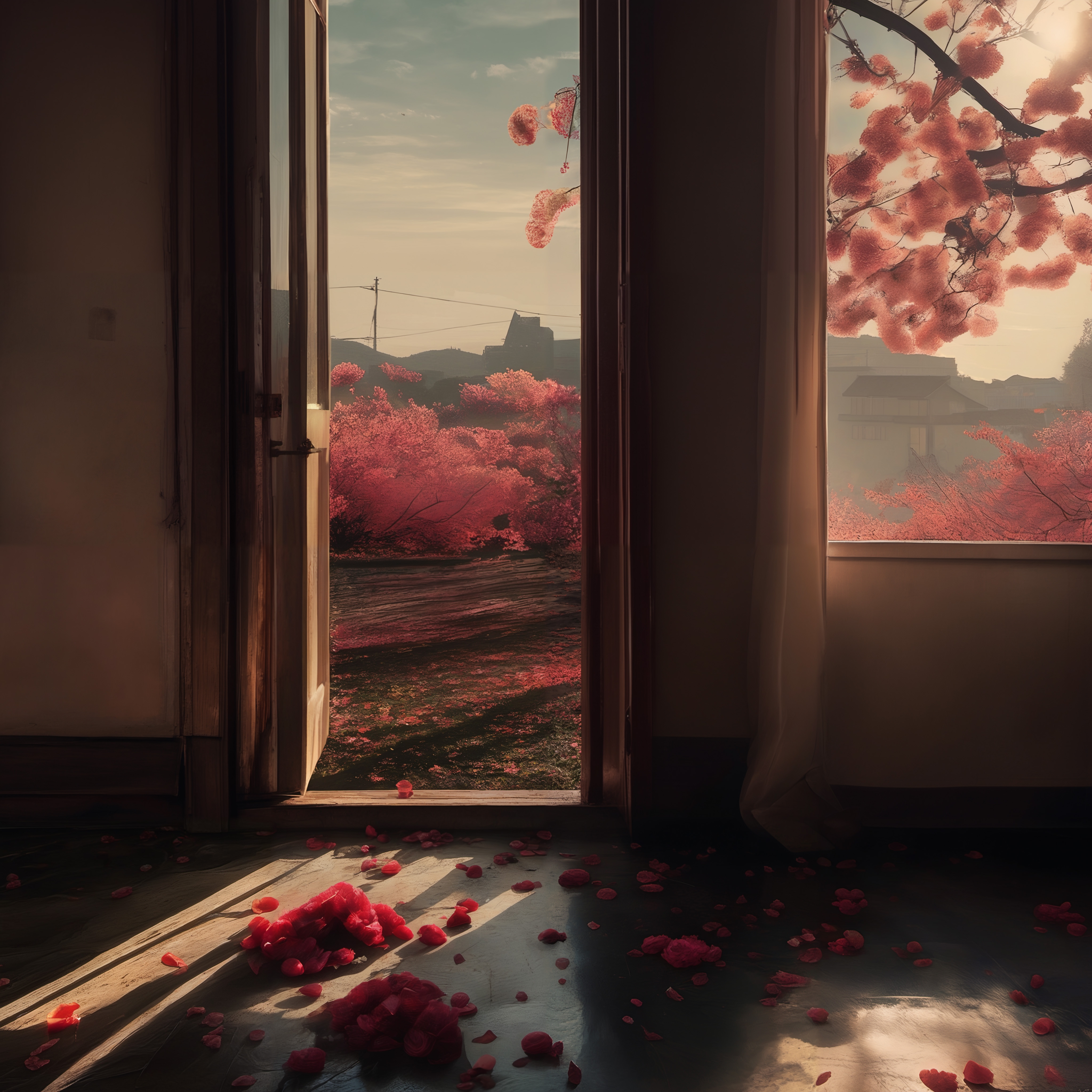 Cherry Blossoms Through Open Door