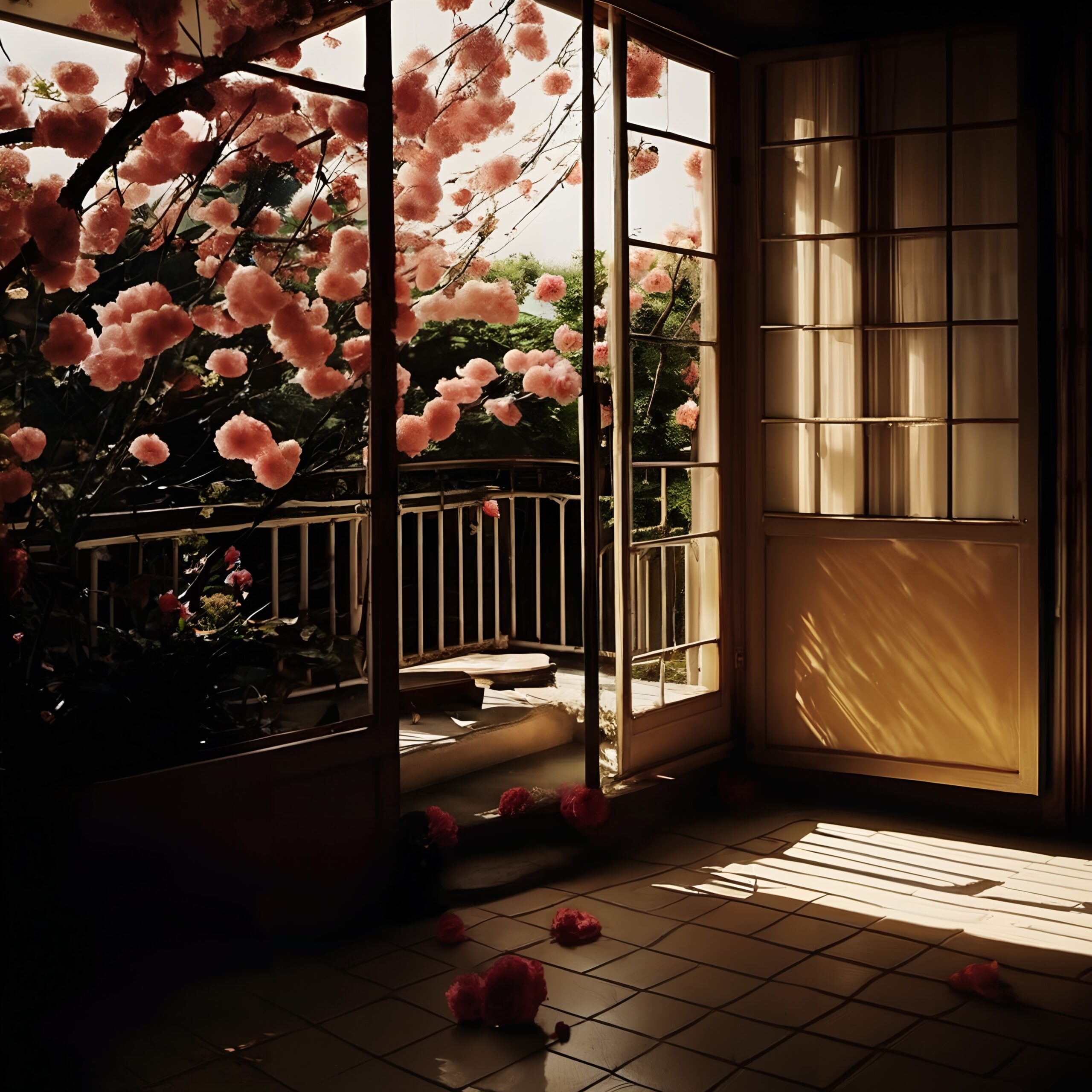 Balcony Framed by Blossoming Tree