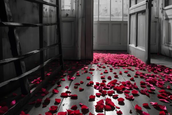 An enchanting scene of red rose petals leading to an open door with light streaming onto a wooden floor.