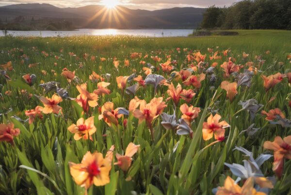 A colorful field of vibrant orange and blue flowers at sunset with serene lake and rolling hills in the background.