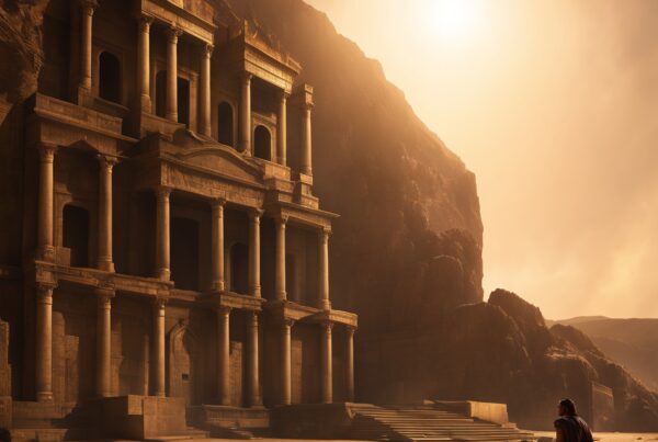 Ancient stone building with setting sun.
