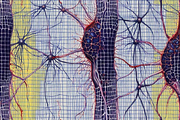 An abstract depiction of neurons intertwined on a yellow and blue grid background, showcasing complex network structures.