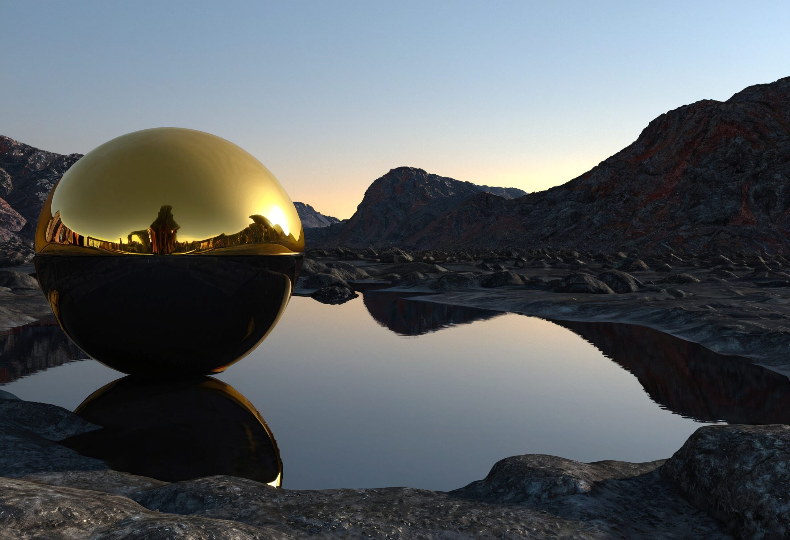 Golden Sphere in Rocky Terrain