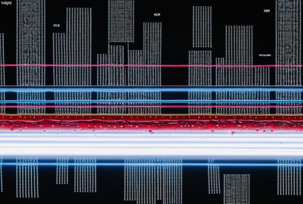 Futuristic digital cityscape with neon lines and red liquid contrast.