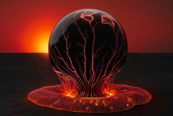 Surreal spherical object with glowing red veins against a sunset backdrop.