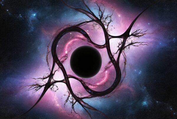 Cosmic scene with central black void and twisting branches surrounded by vivid colors in space.