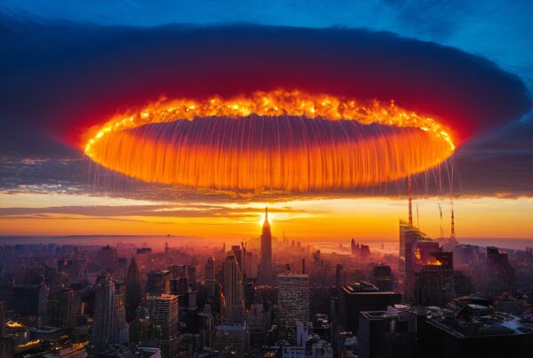 Fiery phenomenon hovering over cityscape during dramatic sunset.