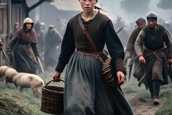 A young woman in medieval clothing carries a basket along a village path, surrounded by villagers and sheep.