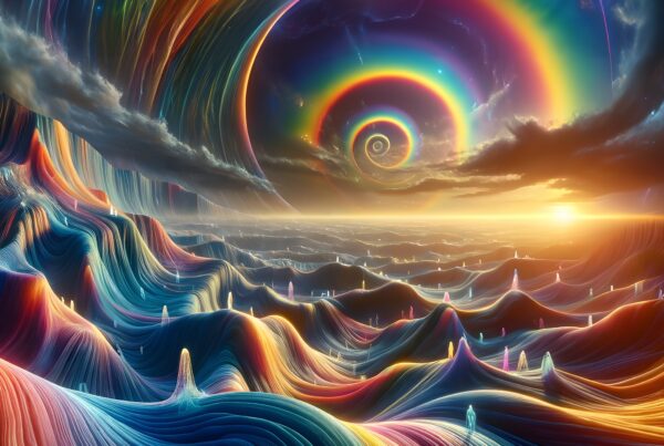 A surreal landscape with rainbow hills and a spiral rainbow at sunset, evoking a dream-like atmosphere.