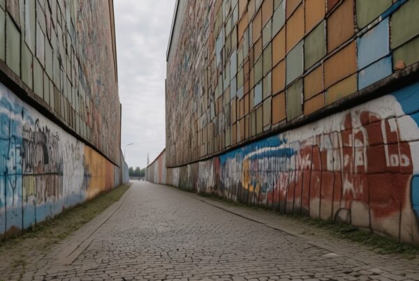A narrow alley with graffiti-covered walls and patchwork panels under an overcast sky.