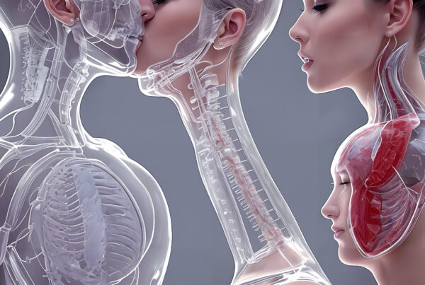 Translucent Anatomical Figures in a Poetic Kiss Illustration.