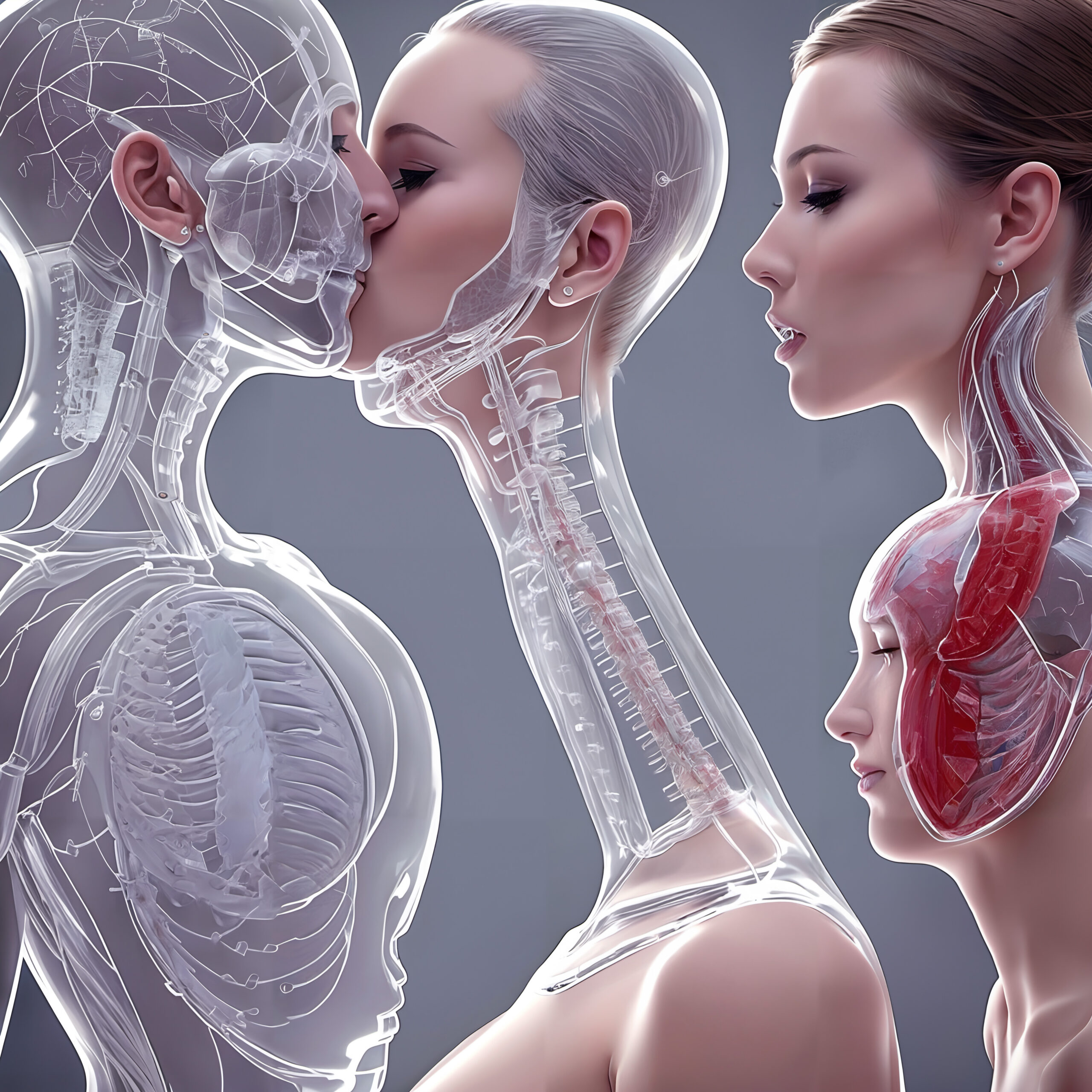 Translucent Anatomical Figures in a Poetic Kiss