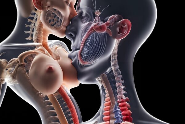 An intricate anatomical illustration of two people embracing, revealing the internal structures of the human body.