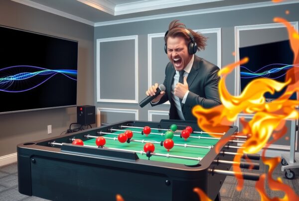 A man passionately shouts near a foosball table amidst fiery flames, creating an energetic and surreal gaming scene.