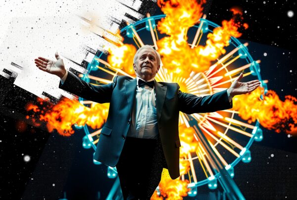 A man in front of a burning Ferris wheel under a starry sky.