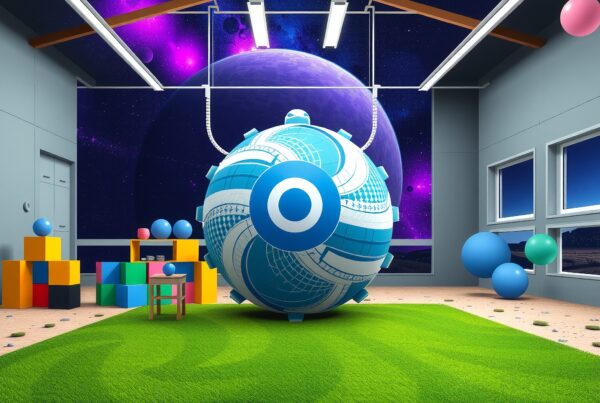 Surreal indoor scene with futuristic design featuring a celestial backdrop and vibrant elements.