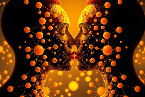 Visual representation of two interconnected profiles, featuring orange spheres and lines against a glowing amber background.