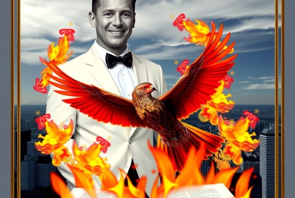 A man in a tuxedo smiles as a fiery phoenix emerges from an open book against a cityscape backdrop.