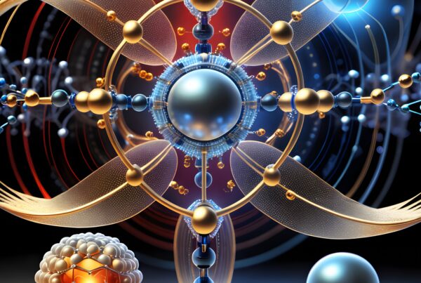 Futuristic art depicting glowing atomic structures interwoven with metallic and organic patterns, illustrating advanced scientific concepts.