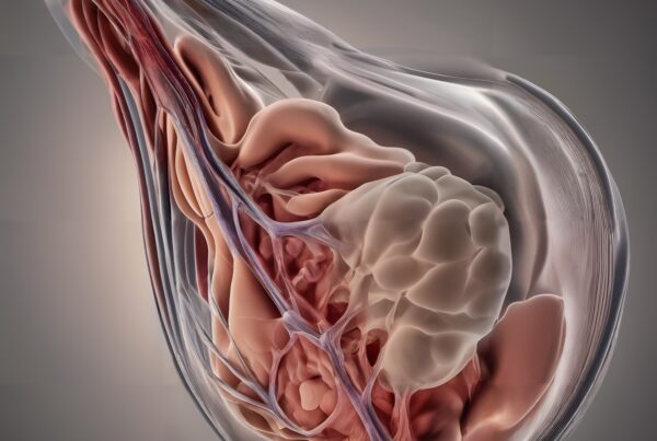 Detailed anatomical illustration of breast tissue highlighting ducts, lobules, and vascular elements.